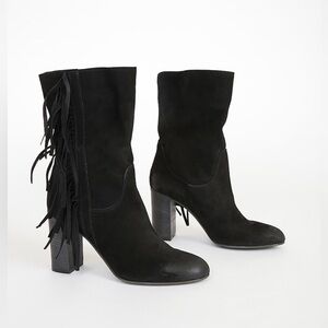 Free People Wild Rose Black Suede Leather Fringe Mid-Calf Slouch Boots